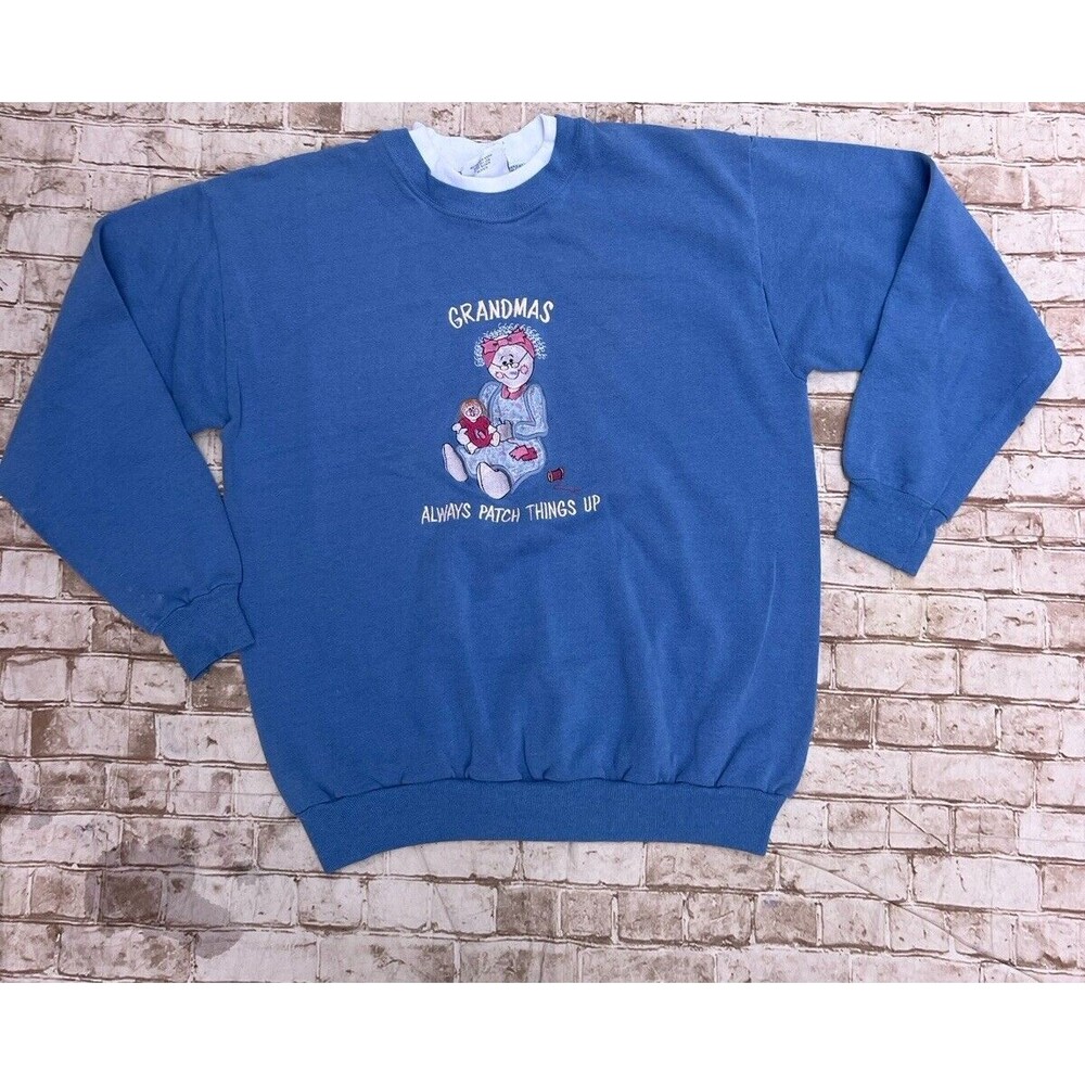 Vtg Cheek-0 Large Sweatshirt grandmas‎ Always Patch Things Up Blue Crew